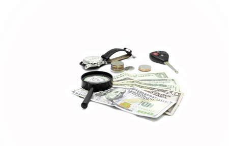 Business and finance concept dollar bank note and accessory in white backgroundの写真素材