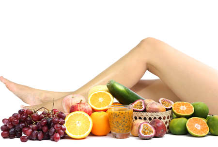 Beauty and health care group of fruits and vegetables isolated on white backgroundの写真素材