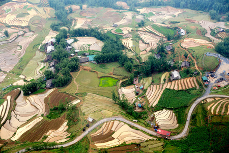 Soft focus rice terrace field from Cable car Fansipan mountain view from cable car