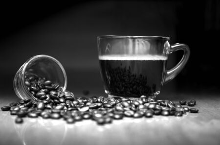 Coffee cup and coffee beans in black and white conceptの写真素材