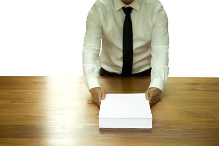 Selected focus on paper conceptual businessman returning document paper work for approve isolatedの写真素材