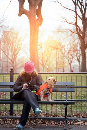 Unidentified woman using cell phone and dog sitting on the bench in public parkの写真素材