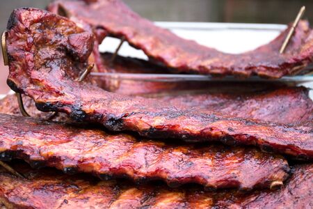 Grilled Pork Rib in the tray on the tableの写真素材