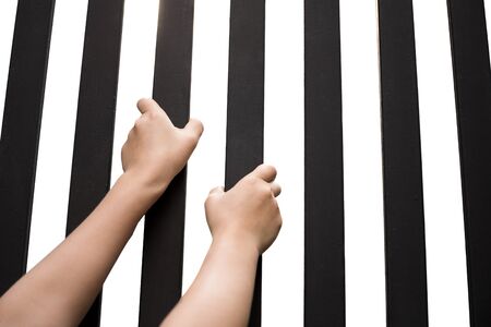 Conceptual hope Hands of the prisoner on a steel jail isolated in white backgroundの写真素材