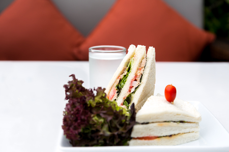 Tuna sandwiches and glass of water with red cushion in backgroundの写真素材