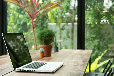 Blank laptop screen and plant on wooden with garden viewの写真素材