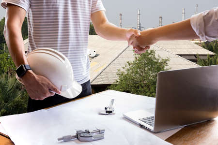 Business hand shake engineer construction shaking hand successful agreement project Solar powerの写真素材