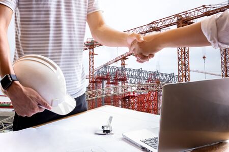 Business hand shake engineer construction shaking hand successful agreement projectの写真素材