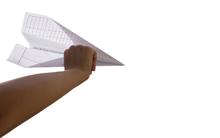 Woman hand holding paper plane isolated on white backgroundの写真素材