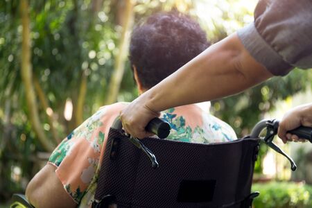Caregiver is pushing her patient on a wheelchair in open air in the gardenの写真素材