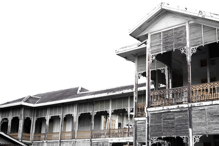 Beautiful old antique wooden building thai style isolated in white backgroundの写真素材