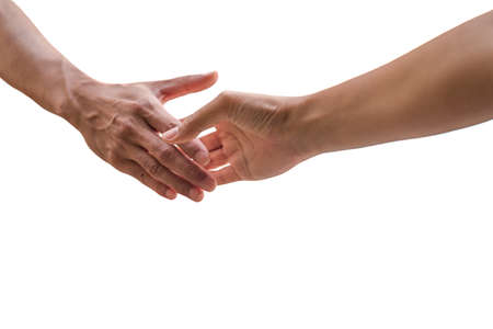 Hand reaching out shaking hand for agreement isolated in white backgroundの写真素材