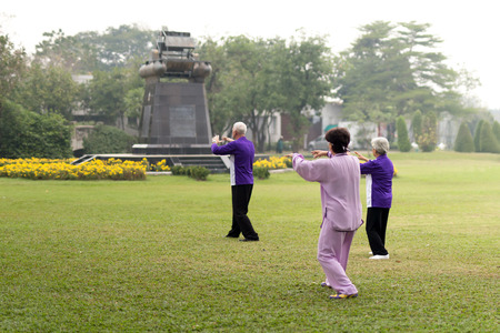 Elderly people doing tai chi exercises in the parkの写真素材