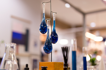 Blue glass tubes scince with liquid in test tubes in spa shopの写真素材