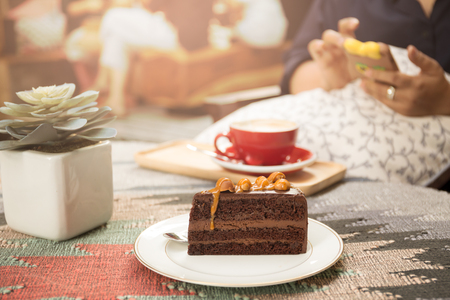 Piece of sweet macadamia chocolate cake with cup of coffee and sunlight in backgroundの写真素材