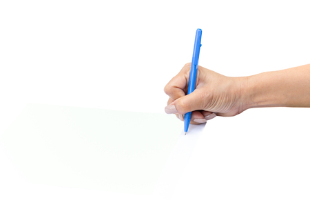Business woman hand with pen signing agreement form contract isolatedの写真素材
