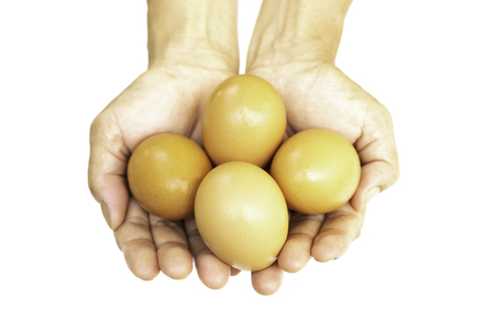 Hands holding fresh raw eggs isolated on white background in clipping pathの写真素材
