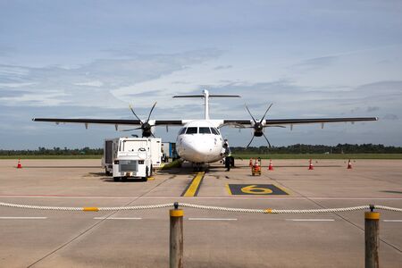 Front view of airplane with passenger on board