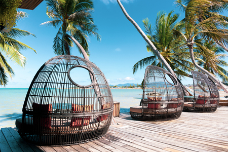 Rattan chair on wooden deck by the beach wuth coconut palm tree in turquoise color.の写真素材