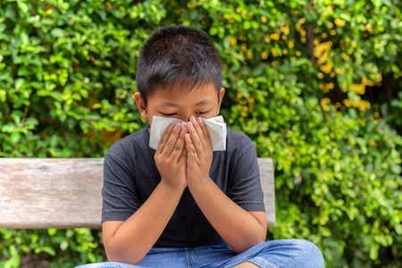 Asian boy blow his nose into with tissue in garden, Flu season, Hay fever.の写真素材