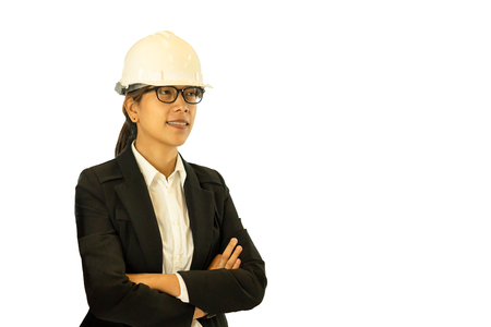 Female asian engineer wearing hard hat isolated in whiteの写真素材