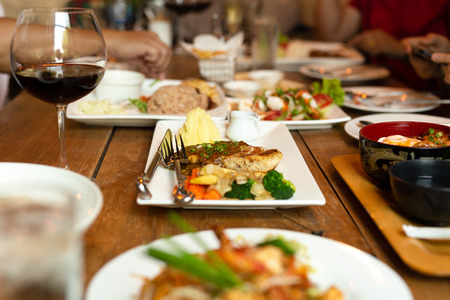 Grilled chicken fillet with mashed potato on table Variety food.の写真素材