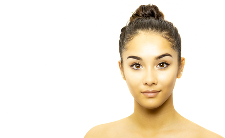 Mixed race young woman face portrait isolated on whiteの写真素材