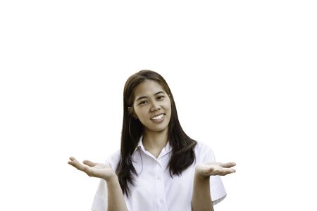 Smiling woman in university uniform with open hands in clipping path.の写真素材