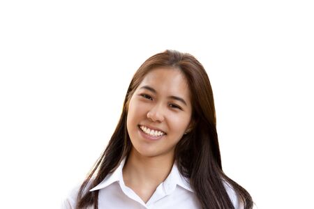 Teenage woman with perfect smile looking at camera isolated.の写真素材