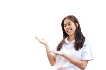 Smiling woman in university uniform with open hands isolatedの写真素材