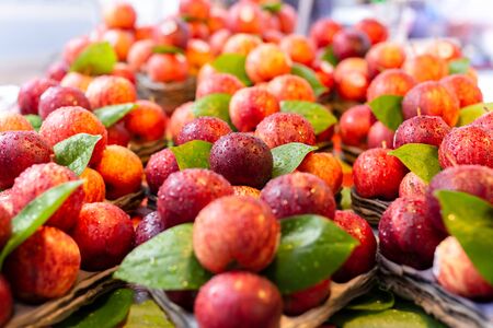 Fresh red apples with green leaf and water drop in market.の写真素材