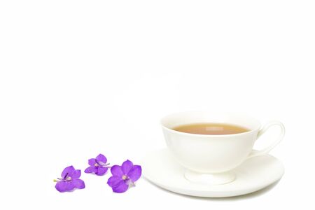 Tea in white cup with purple orchid isolated on whiteの写真素材