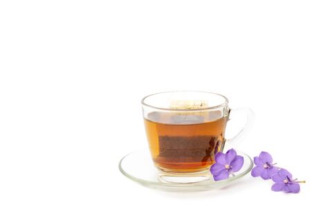 Tea bag in a glass cup with purple flower isolated in whiteの写真素材