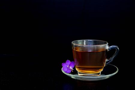 Tea in glass cup with  orchid flower isolated on whiteの写真素材