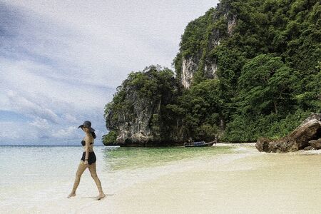 Illustration woman in bikini and sunhat walking on the beach in mosaic tiles.の写真素材