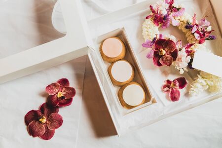 French profiteroles in gift box with flowerの写真素材
