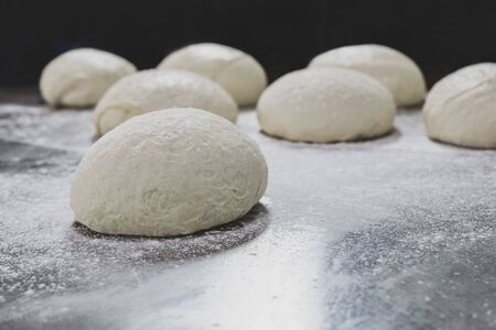 Ball of pizza dough on table with dusting of flour.の写真素材