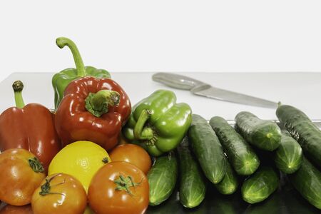 Group of vegetable with sweet pepper cucumber tomato isolated.の写真素材