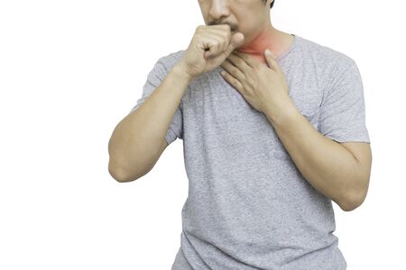 Men sore throat coughing with coronavirus symptom isolated