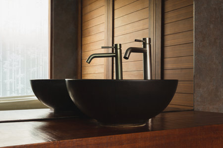 Bathroom interior black sink with silver faucet and mirror on wooden top.の写真素材
