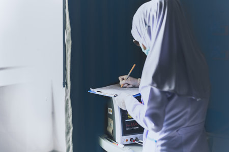 Muslim asian doctor with surgical mask analyzing blood sample of patient and take note.の写真素材