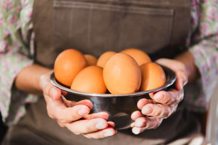 Female hands hold a silver bowl of chicken eggs.