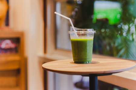 Green smoothie in plastic glass with straw on wooden table in cafe.の写真素材