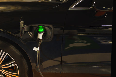 Electric car charging station with vehicle charing batteries. Future of Transportation.