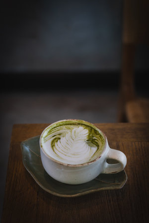 Vertical of fresh matcha green tea late art on wooden background.の写真素材