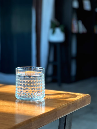 Glass of clean mineral water on wooden tableの写真素材