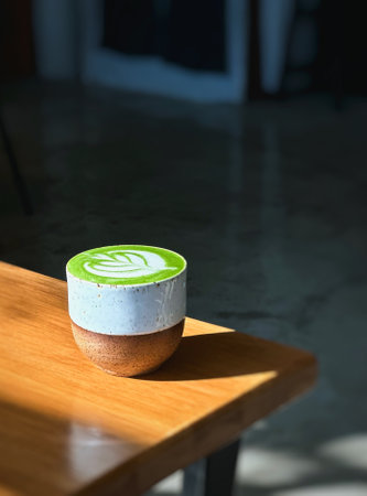 Cup of matcha latte green tea on wooden tableの写真素材