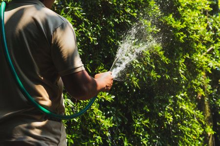 Man watering plant in the garden with hoseの写真素材