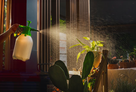 Female hand spraying water on outdoor plant in sunset lightの写真素材