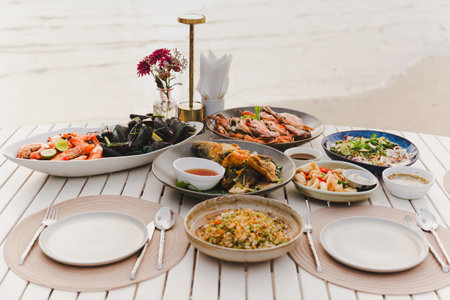 Mixed grilled seafood dish including blue crab, mussel, shrimp, squid on white table by the beach